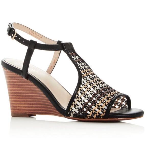Cole Haan Maddie Open Toe Wedge Sandal US 9 Black Brown Woven Boho Chic Neutral - Picture 1 of 11